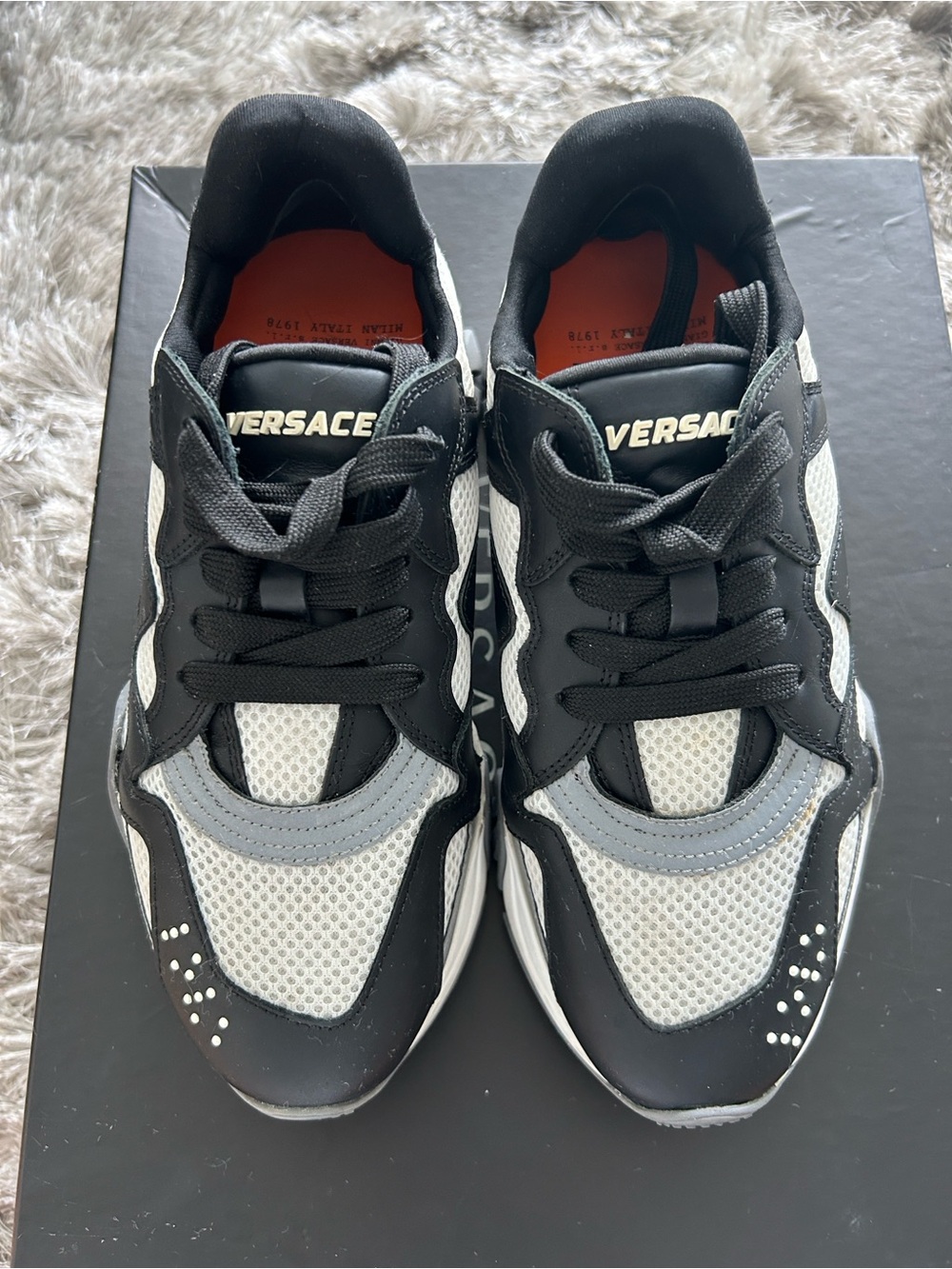 Versace Black, Gray & White Mesh Athletic Sneakers